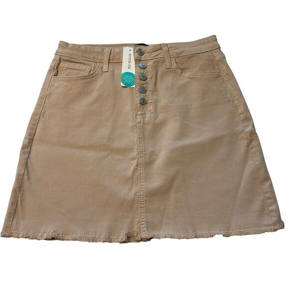 Just Black Denim Women’s M Odyssey Khaki Mini Skirt Tan Raw Hem Button Fly NWT - Picture 1 of 7